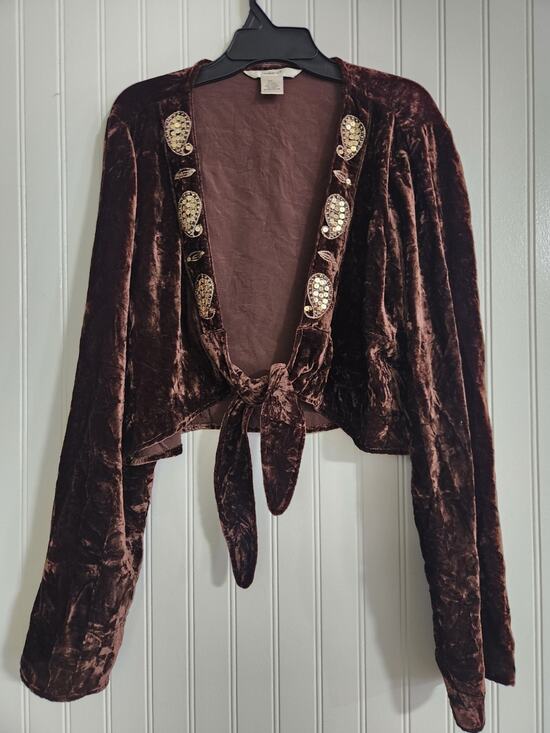 edward Sweaters - Pure Silk Women's Brown Open Front Bolero/Shrug Embroidered Sz L Vintage 90s